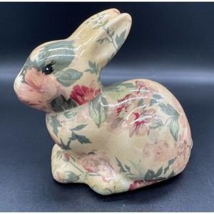 Vtg Ceramic Victorian Rabbit Figurine Floral Decoupaged! Vintage Shabby Bunny!